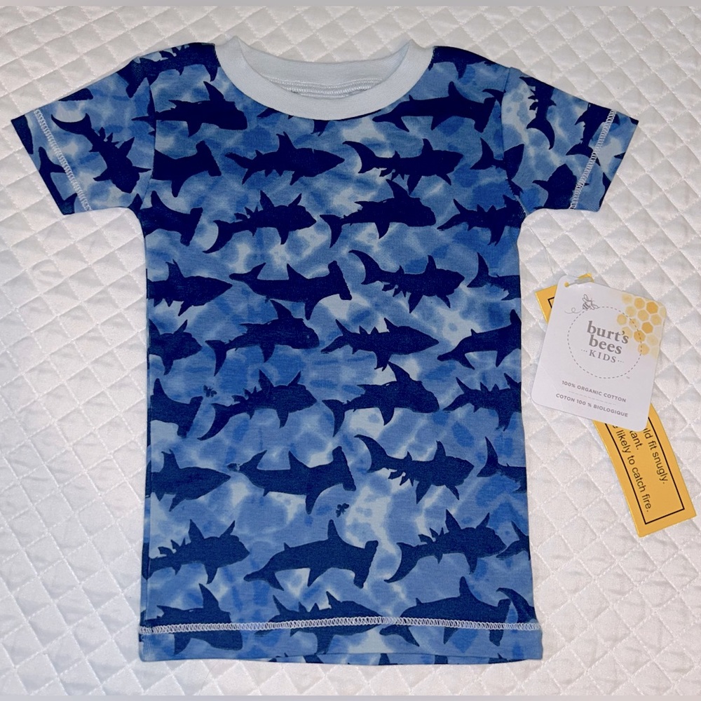 New Burt’s Bees Kids Toddler Boys Blue Shark Tee Shirt Top Only Size 2T Organic